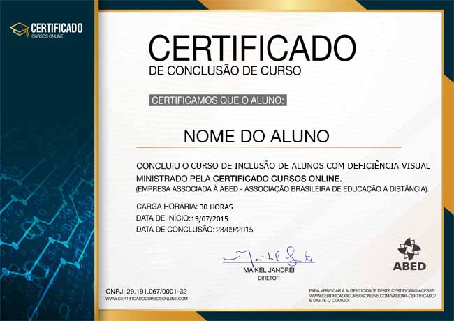 CERTIFICADO DO CURSO DE INCLUSÃO DE ALUNOS COM DEFICIÊNCIA VISUAL