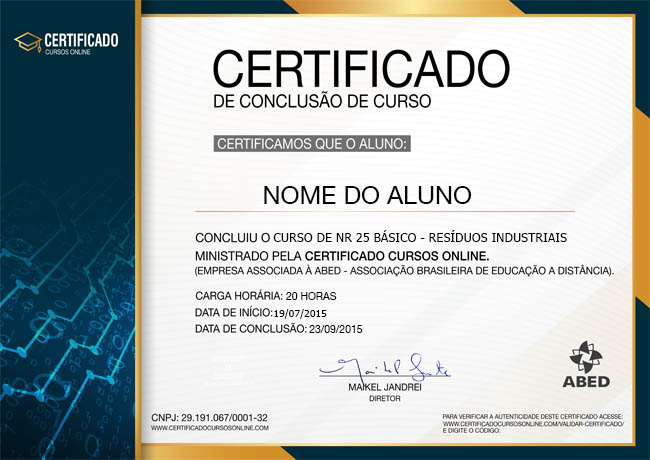 Certificado do Curso de NR 25 Básico - Resíduos Industriais